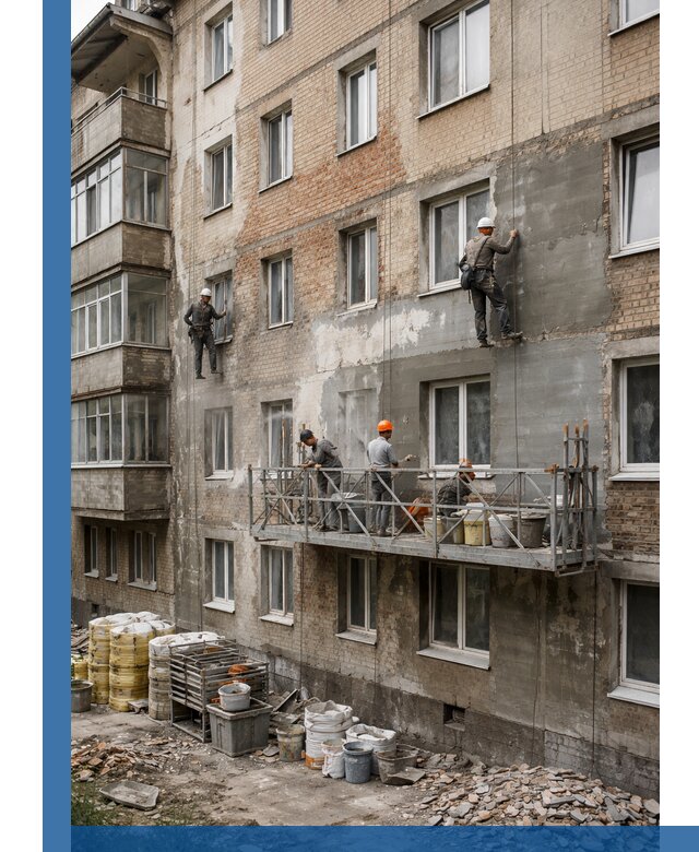 Капитальный ремонт фасада в Ялуторовске с восстановлением и гидроизоляцией