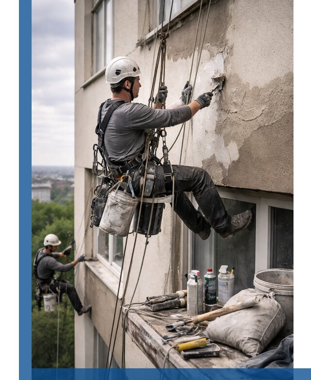 Косметический ремонт фасада зданий в Ялуторовске промышленными альпинистами