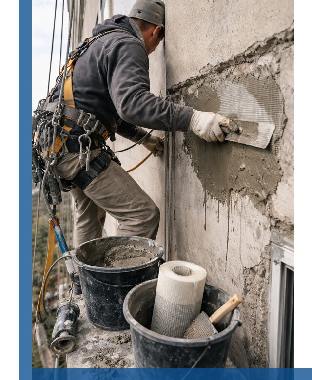 Ремонт бетонных элементов фасада промышленными альпинистами в Ялуторовске