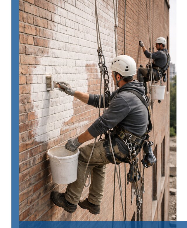 Покраска кирпичного фасада с доступным альпинистским сервисом в Ялуторовске