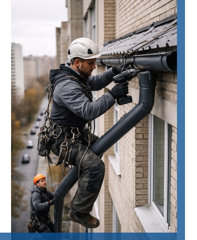 Монтаж водосточной системы на здании в Ялуторовске от 5165 р. | ВЫСОТНИК-Лтр