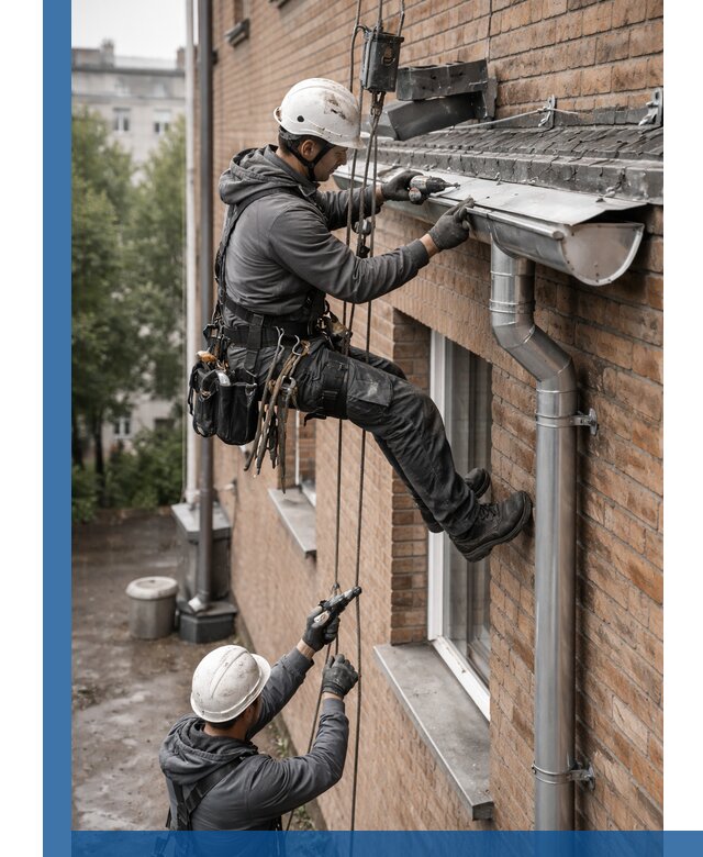 Монтаж водосточной системы на здании в Ялуторовске под ключ