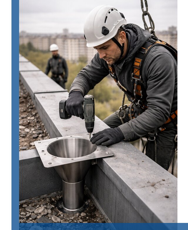 Монтаж водосточных воронок в Ялуторовске для промышленных зданий