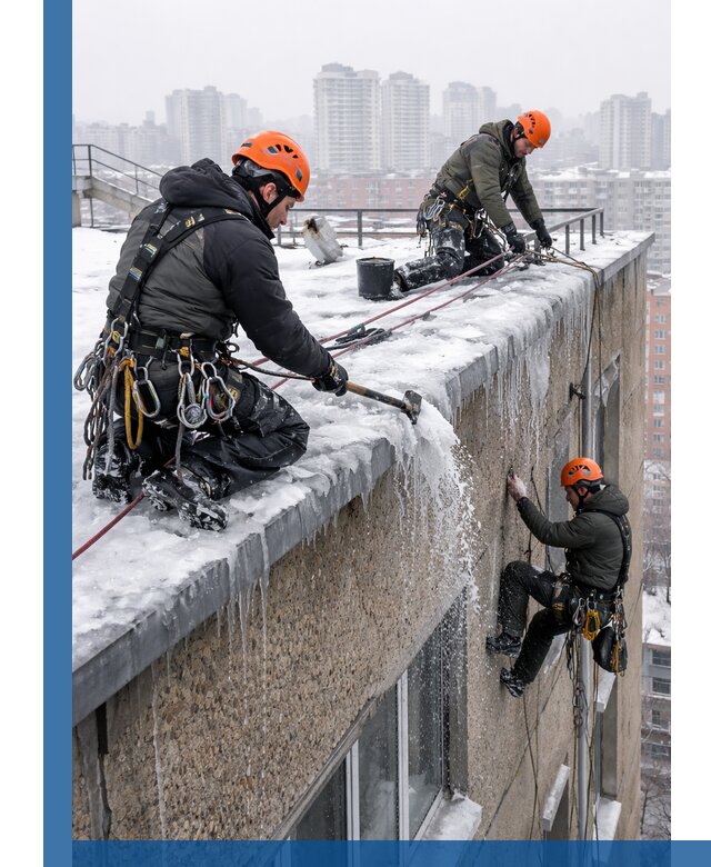 Удаление наледи с кровли в Ялуторовске промышленными альпинистами