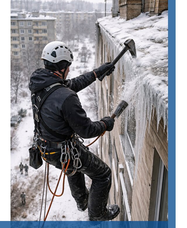 Сбивание сосулек с крыши в Ялуторовске по цене от 4648 р. | ВЫСОТНИК-Лтр