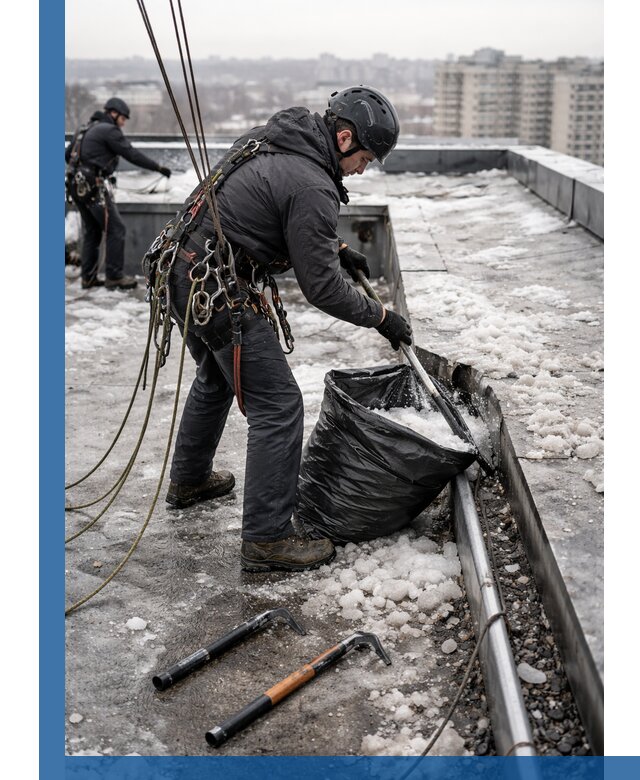 Аварийная очистка кровли в Ялуторовске от промальпинистов