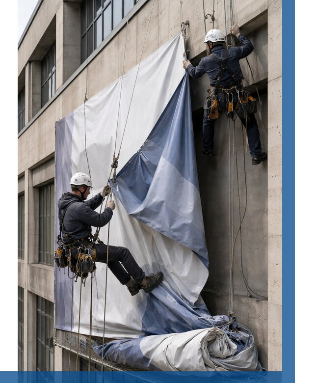 Демонтаж баннеров с фасада в Ялуторовске от 4648 р. | ВЫСОТНИК-Лтр