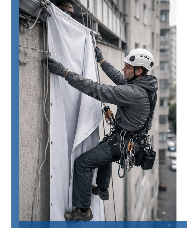 Замена баннерного полотна промышленными альпинистами в Ялуторовске