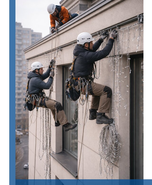 Монтаж праздничных гирлянд на фасаде в Ялуторовске для зданий