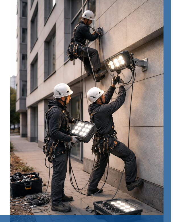 Монтаж прожекторов на фасаде в Ялуторовске от 7747 р. | ВЫСОТНИК-Лтр