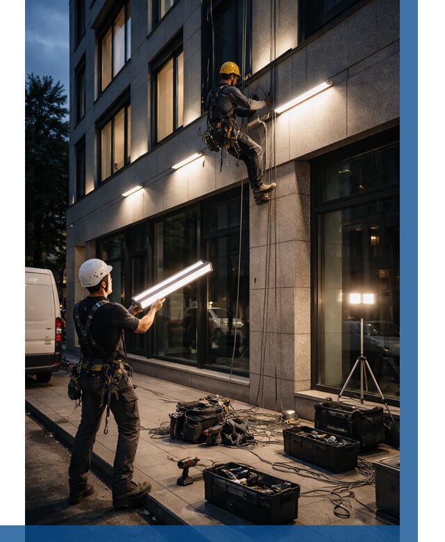 Монтаж архитектурной подсветки здания в Ялуторовске от 2582 р.|ВЫСОТНИК-Лтр