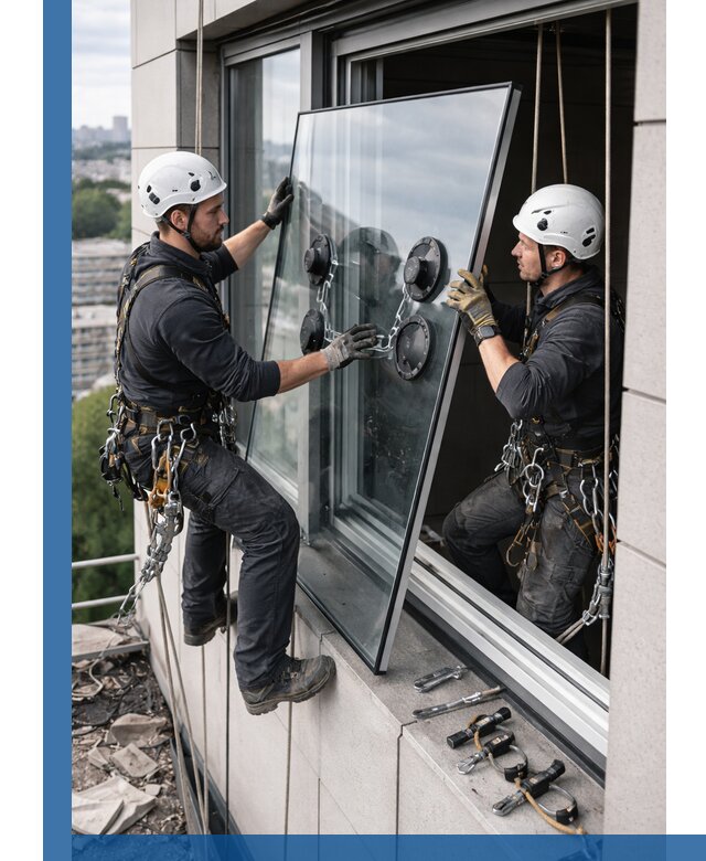 Замена стеклопакетов на высоте с промышленными альпинистами в Ялуторовске