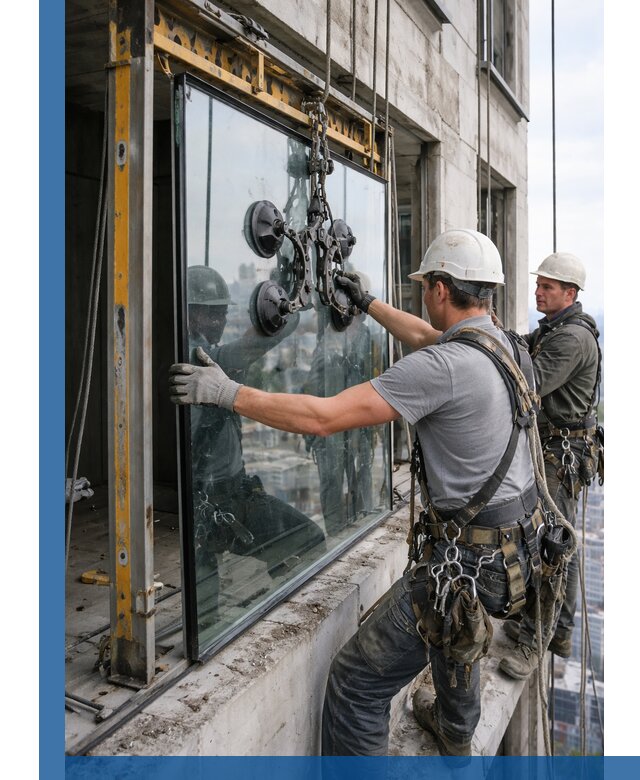 Монтаж стеклопакетов на высоте в Ялуторовске с промышленным альпинизмом