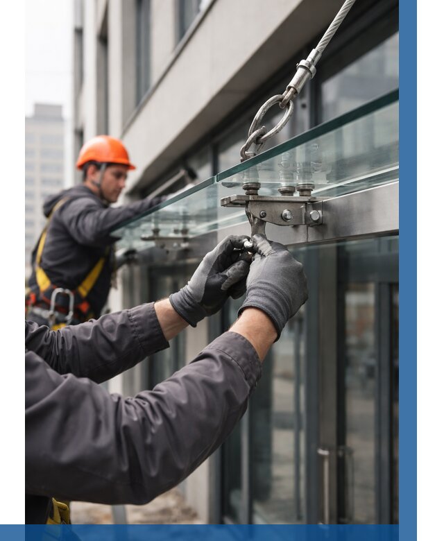 Монтаж стеклянных козырьков в Ялуторовске от 8780 р. | ВЫСОТНИК-Лтр