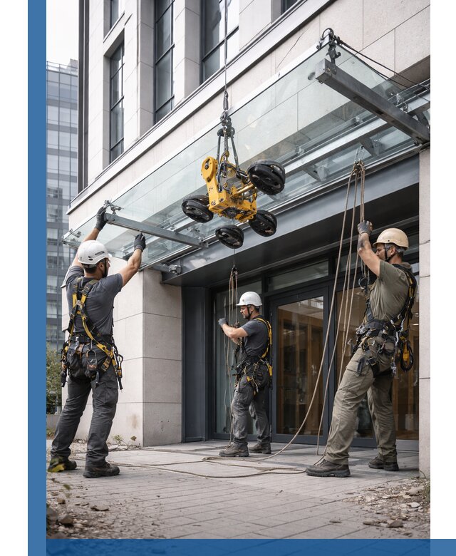 Монтаж стеклянных козырьков под ключ в Ялуторовске для зданий