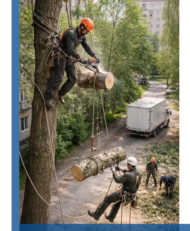 Спил деревьев альпинистами в Ялуторовске, безопасно и без повреждений