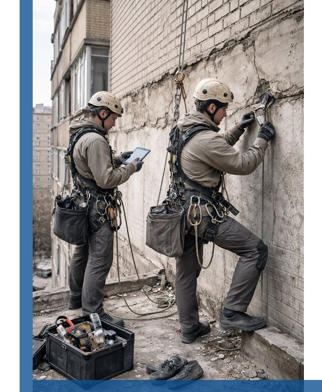 Обследование фасада промышленными альпинистами в Ялуторовске